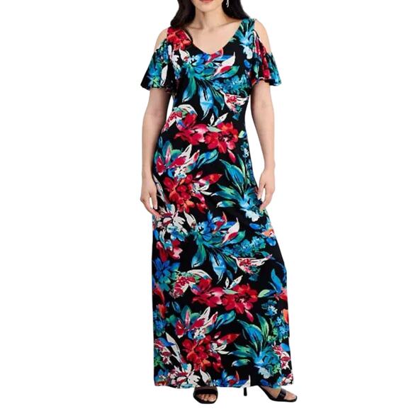 Connected Petite Dark Floral Tropical Cold-Shoulder Maxi Dress Size 6 Petite - Picture 1 of 10